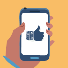 Illustration of a hand holding a smartphone with a large "like" thumbs-up on the screen