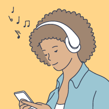 Illustration of young woman listening to music on her headphones while looking at her smartphone
