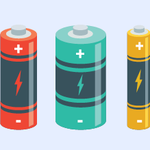 Illustration of different sized batteries standing in a line colored red, teal, and yellow