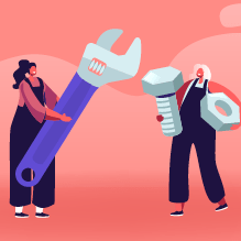 Illustration of several people in workers' coveralls holding a variety of common home maintenance tools like a screwdriver, wrench, and hammer