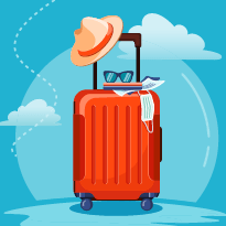 an illustration of a suitcase and several travel accessories