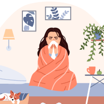 an illustration of a woman wrapped in a blanket with a handkerchief over her mouth