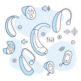 An illustration of many hearing aids and sound related icons