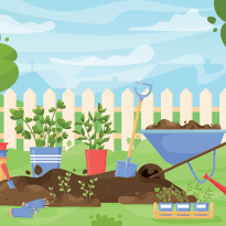 An illustration of gardening equipment positioned and ready for use in a garden