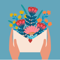 An illustration of an envelope overflowing with a variety of flowers