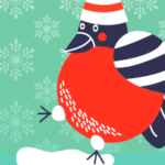 Illustration of a red-chested bird & a sweater-wearing bull holding a flag banner between them while standing in the snow