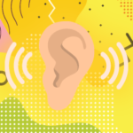 Illustration of an ear with graphics representing noise surrounding it
