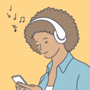 Illustration of young woman listening to music on her headphones while looking at her smartphone