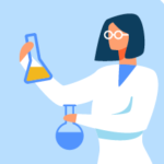Illustrations of scientists in white coats checking beakers full of fluid