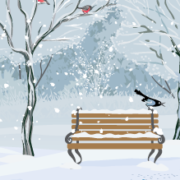 Illustration of a park bench on a snowy winter day