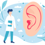 Illustration of an audiologist looking at a large ear.