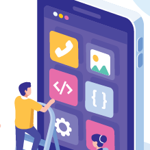 Illustration of people adding app blocks to a larger than life smartphone