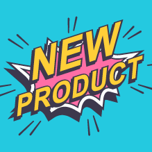 The words NEW PRODUCT blasting through the bright blue background they're sitting on leaving a hot pink blast mark behind