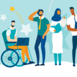 Illustration of men and women standing together, one in a wheelchair, using electronic devices