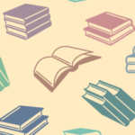 Illustration of multiple stacks of books, some open, on a light yellow background