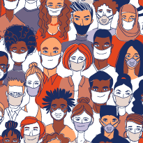 an illustration of a crowd of people wearing facemasks