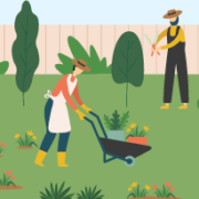 an illustration of a man and a woman gardening