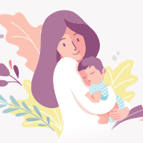 an illustration of a young mother holding a baby