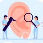 an illustration of miniature hearing care specialists holding an otoscope and magnifying glass up to a large ear