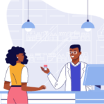 an illustration of a woman receiving a prescription bottle from a pharmacy technician