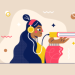 an illustration of a young woman listening to an audiobook