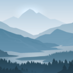 an illustration of a landscape with a mountain valley, trees, and a river