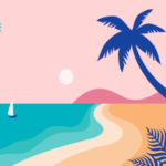 retro illustration of an island beach at sunset