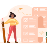 illustration of a young woman holding a large pencil with a checklist of items in the background
