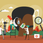 an illustration of tiny hearing care doctors providing care for a patient