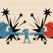 an illustration of a cartoon woman preventing two sides from fighting