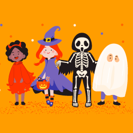 an illustration of children in various halloween costumes