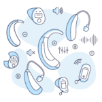 An illustration of many hearing aids and sound related icons