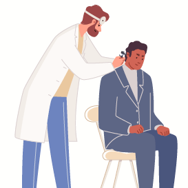 An illustration of a man getting a custom hearing aid fitting