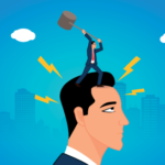 An illustration of a miniature business man raising a giant mallet over the head of a larger version of himself
