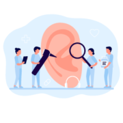 An illustration of a hearing care team examining a giant ear