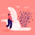 An illustration of a woman writing poetry on a giant piece of paper with a giant feather quill.