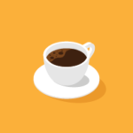 An illustration of a coffee cup on a saucer filled with coffee