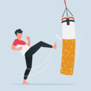 An illustration of a man kicking a punching bag shaped and colored like a cigarette