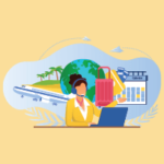 An illustrated travel agent speaking over the phone with a client