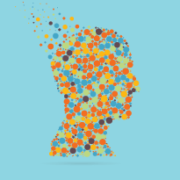 An illustration of a human bust made up of multicolored dots