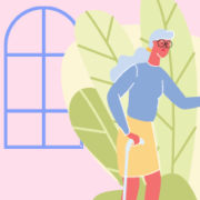 Illustration of a woman chatting with her husband and granddaughter in the garden outside her house