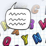 Illustration of four speech bubbles with a colorful collection of letters in the background