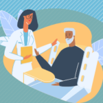 Man in hospital bed takes care of his hearing aids