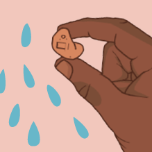 Illustration of a hand holding a hearing aid with a puddle in the background