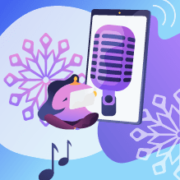 Illustration of snow flakes, music notes, and a microphone floating around a listening library