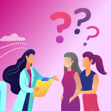 Illustration of an audiologist speaking to two women who have question marks above their heads.