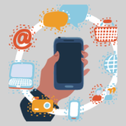 Illustration of hand holding a smart phone with several different icons representing types of virtual communication surrounding it