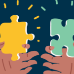 Illustration of two hands; one holding a green puzzle piece and the other holding a yellow puzzle piece.