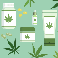 An illustration of marijuana and related products