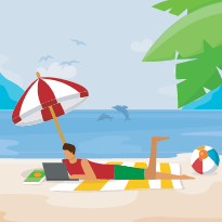An illustration of a man using a laptop on the beach
